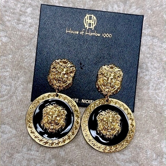 Brand New House of Harlow 1960 Lion Head Gold Tone Black Statement Drop Earring - Picture 2 of 14